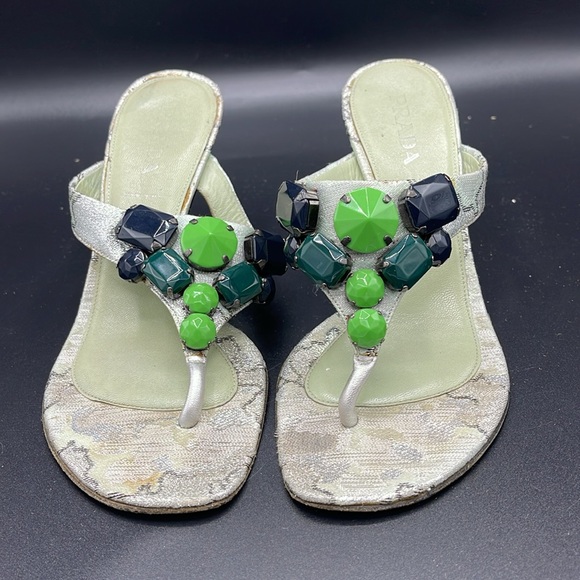 PRADA Sz 36.5 EU/ 6 US Silver & Green Kitten Heels - Picture 3 of 14